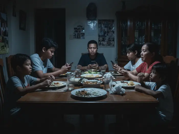 downsides social media philippines Filipino family distracted by social media, tension over screen time at dinner.