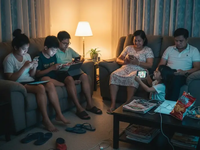 family space social media philippines Filipino family using social media together in the living room at night.
