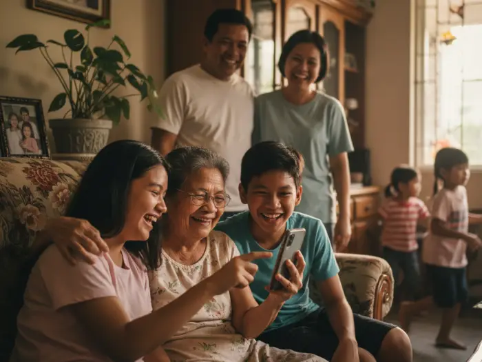 generational connections social media philippines Grandparent and grandchild bonding over social media, learning together in Filipino home.