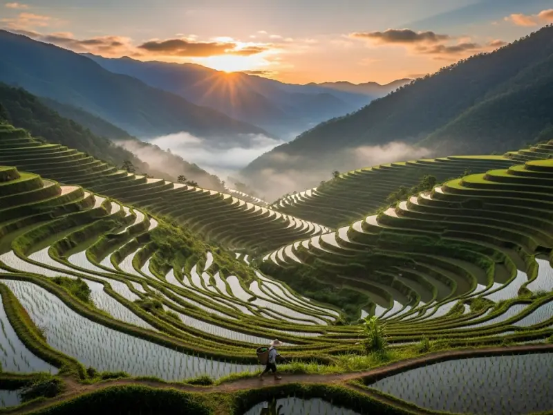 banaue rice terraces instagram spot Sunrise over the Banaue Rice Terraces with mist and a farmer walking.