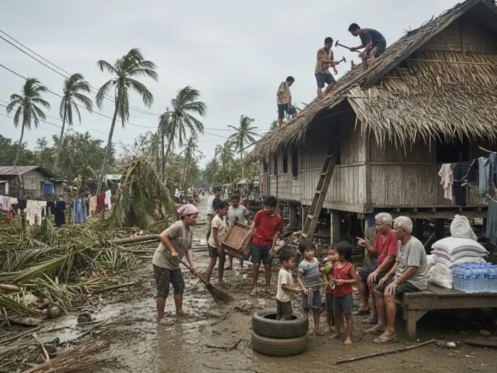 bayanihan filipinos rebuilding after typhoon Filipinos practicing bayanihan by helping each other rebuild homes after a typhoon.