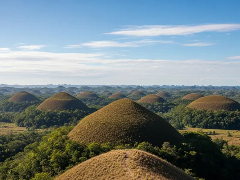 chocolate hills bohol instagram spot The Chocolate Hills of Bohol, hundreds of cone-shaped mounds under a blue sky.