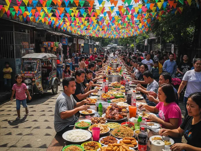 filipino fiesta culture sharing food Filipinos celebrating fiesta culture and sharing food together in the community.