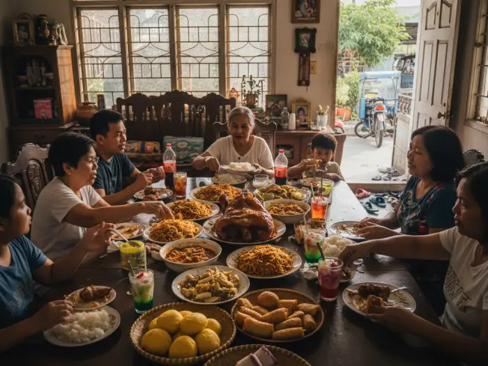 filipino food tradition symbol Filipino family sharing lechon, pancit, and kakanin as part of food traditions in the Philippines.