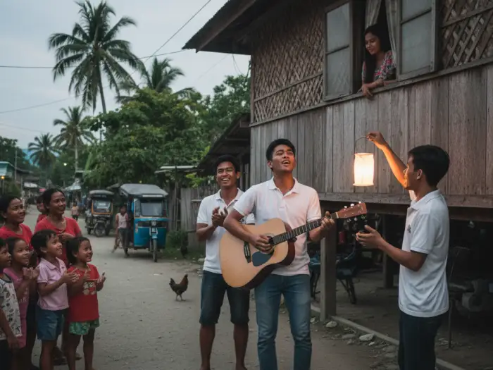 filipino harana serenade tradition Filipino young man performing harana serenade outside bahay kubo for a young woman.