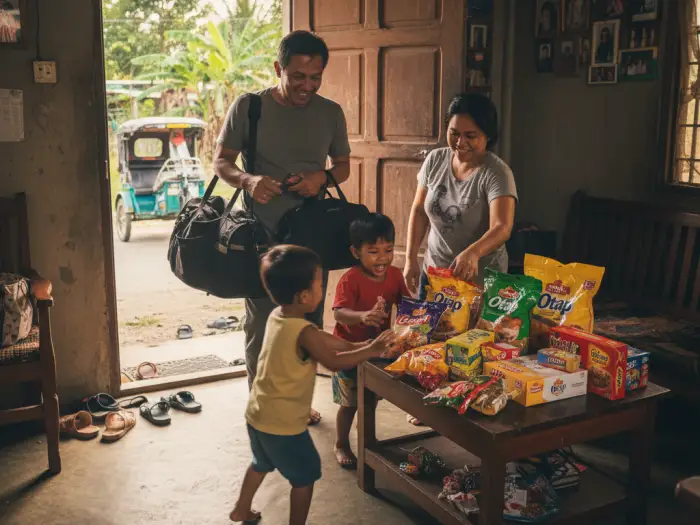 filipino pasalubong tradition Filipino father bringing pasalubong gifts like dried mangoes and otap to his family after travel.