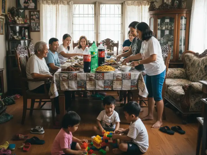 filipino strong family ties Filipino extended family gathering for Sunday lunch showing strong family ties.