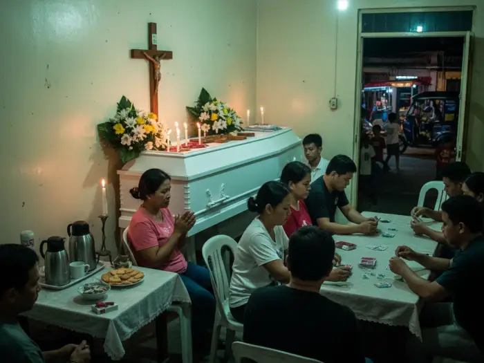 filipino wake customs respect dead Filipino family and neighbors attending a lamay wake to show respect for the dead.