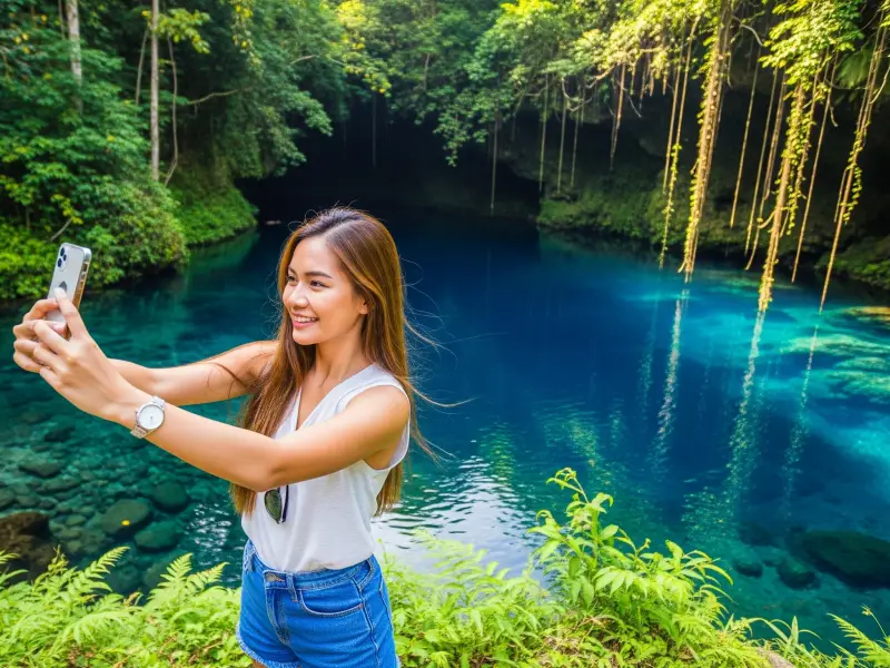 hinatuan enchanted river selfie filipina Pretty chinita Filipina taking a selfie at the Hinatuan Enchanted River in Surigao del Sur, with the glowing sapphire-blue water and lush greenery in the background.