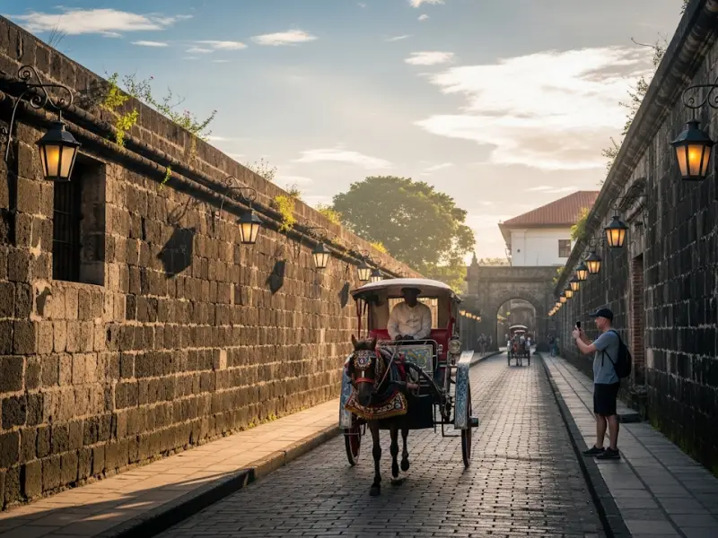 intramuros manila instagram spot Kalesa on cobblestone streets in Intramuros, Manila with Spanish-style walls.