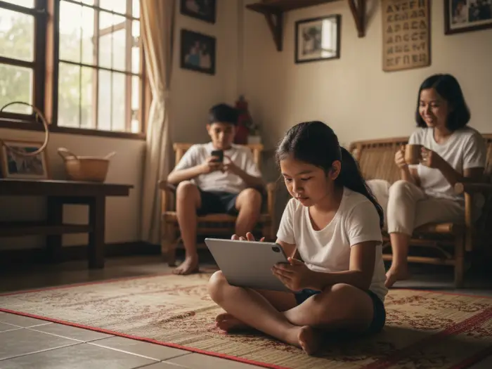 digital divide gen alpha philippines Gen Alpha Filipino child using tablet while parent watches in family living room.