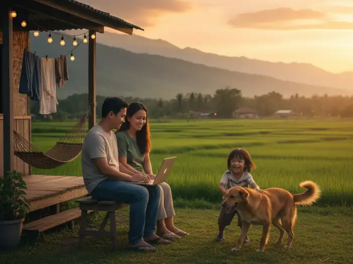filipino home balance Filipino family enjoying peaceful provincial home life at sunset symbolizing work-life balance and contentment.