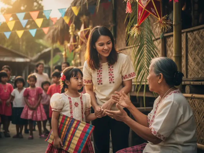 reconnecting roots gen alpha philippines Filipino parent and child at a cultural event reconnecting with tradition.