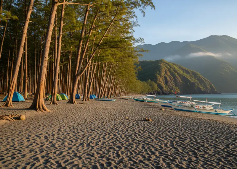 anawangin cove zambales Ground-level wide view of Anawangin Cove in Zambales with gray sand, turquoise waters, Agoho trees, and mountain backdrop.