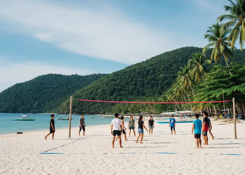 anguib beach volleyball groundlevel Ground-level wide shot of Anguib Beach in Sta. Ana, Cagayan with volleyball players on the sand.