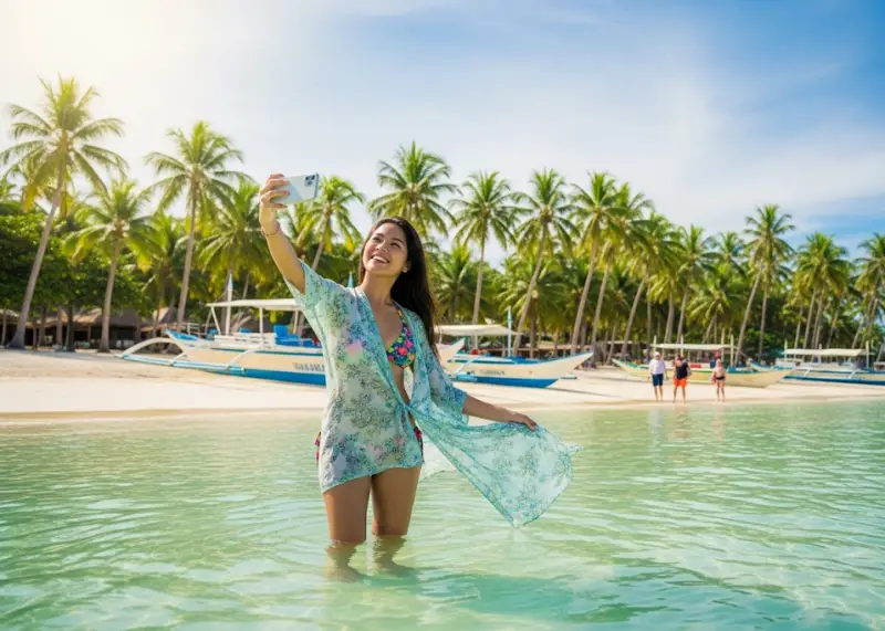 bantayan island cebu selfie water Filipina in shallow turquoise water at Bantayan Island taking a selfie with the beach, palm trees, and boats in the background.