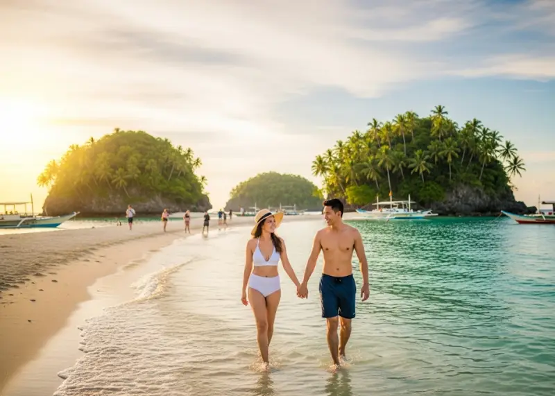 britania islands couple walking beach Filipino couple holding hands while walking on the beach at Britania Islands with islets and boats in the background.
