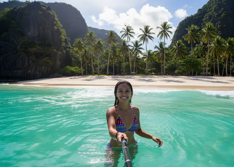 caramoan islands selfie water Selfie-stick shot of a Filipina in chest-deep water at Caramoan Islands with cliffs and beach in the background.