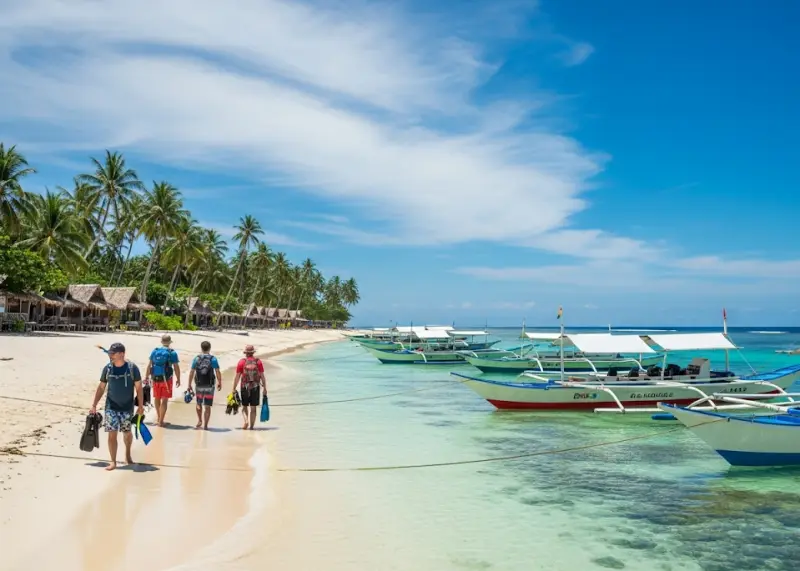 malapascua island cebu Wide ground-level view of Malapascua Island in Cebu with white sand beach, banca boats, and palm trees.