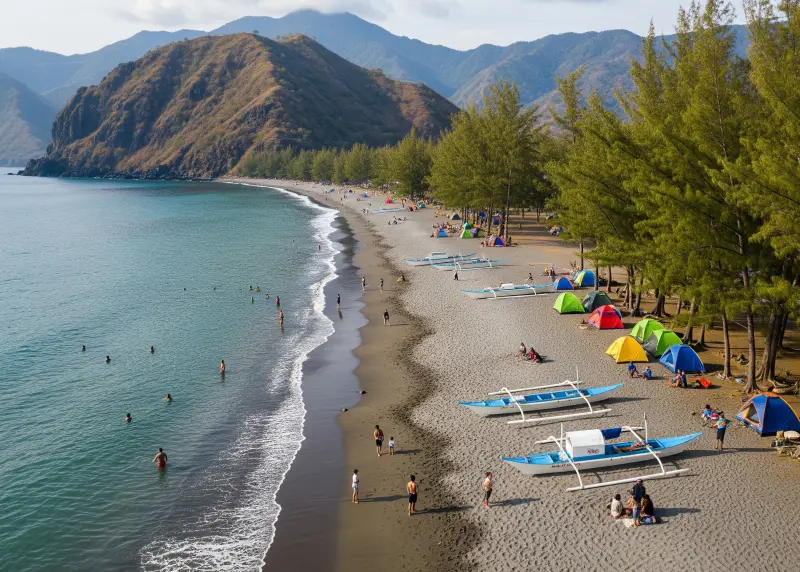 nagsasa cove zambales Aerial view of Nagsasa Cove in Zambales with gray sand, turquoise waters, and mountain backdrop.