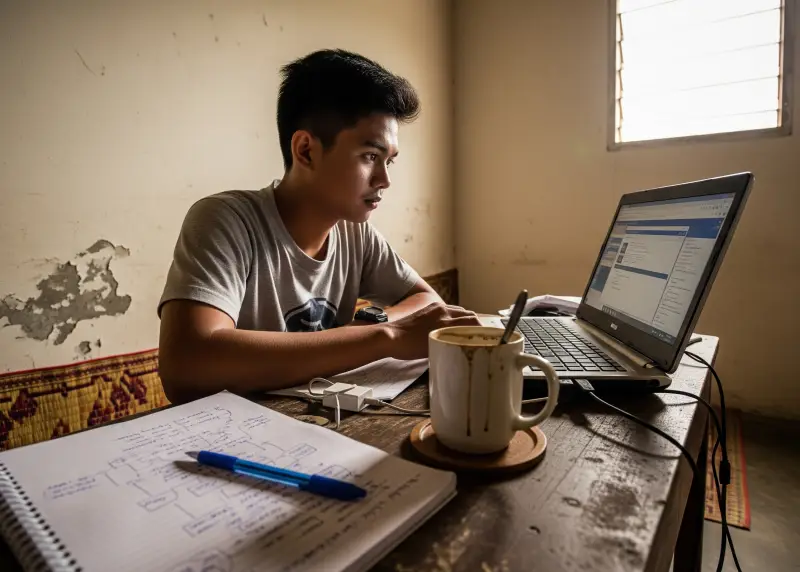 freelancing beginners side hustle philippines Filipino freelancer working on a laptop in a modest room.