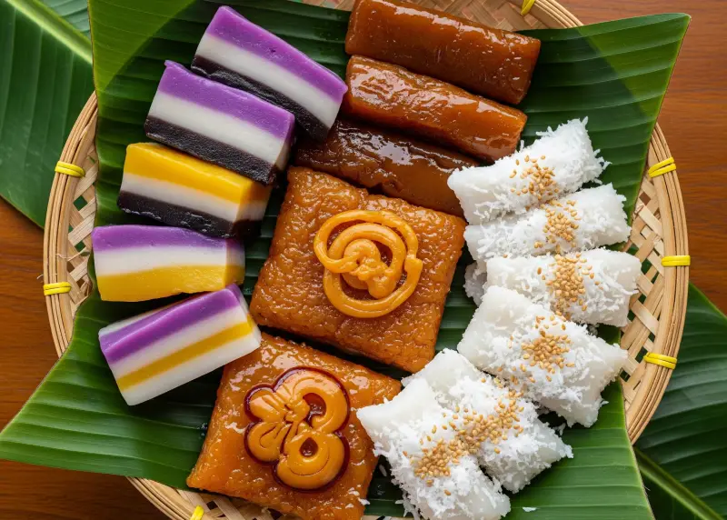 kakanin snacks side hustle philippines Close-up of assorted Filipino kakanin snacks arranged in a bilao.