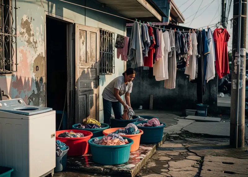 laundry cleaning side hustle philippines Filipino offering laba service with tubs of clothes and a clothesline outside a house.