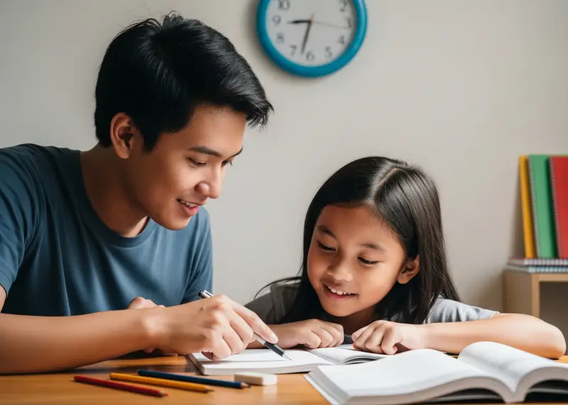 tutoring mentoring side hustle philippines Filipino student tutoring a child at home with notebooks and pencils.
