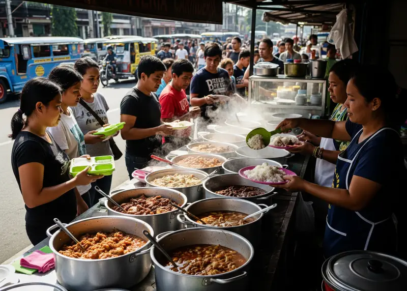 ulam business carinderia philippines Filipino carinderia with ulam dishes and customers lining up with lunchboxes.