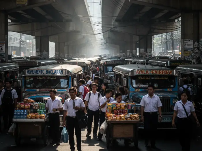 jeepney commute philippines edsa terminal Filipino commuters waiting at a jeepney terminal in Manila, showing commute challenges.