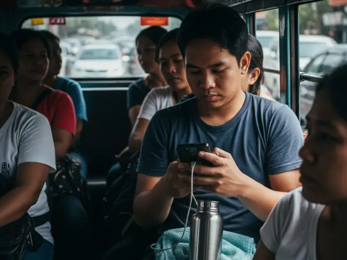 pinoy commuter hacks jeepney philippines Filipino commuter using commuter hacks like power bank and water bottle in jeepney.