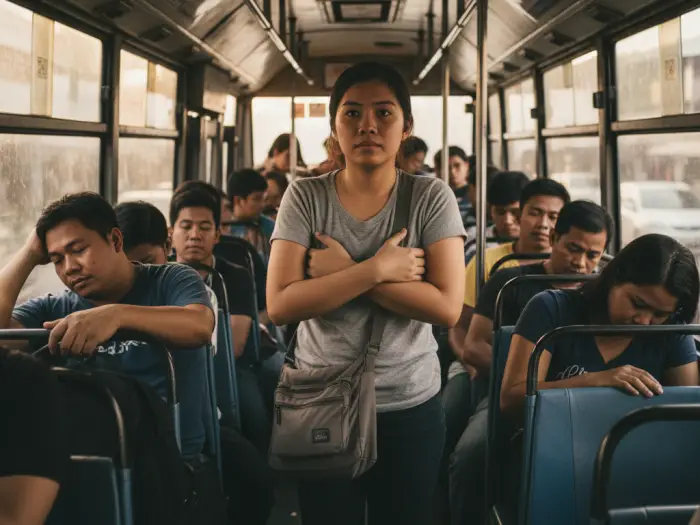 safety comfort tips commuter life philippines Filipino commuter practicing safety and comfort tips while riding crowded Manila bus.