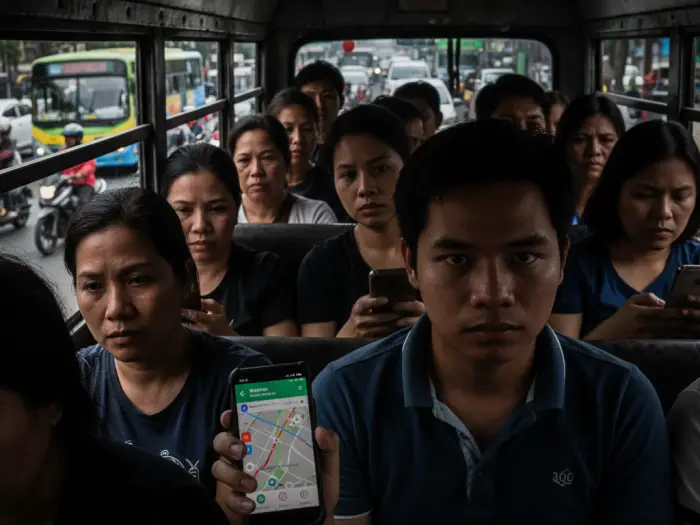 tech digital hacks manila commute philippines Filipino commuter using smartphone navigation and apps during Manila commute.