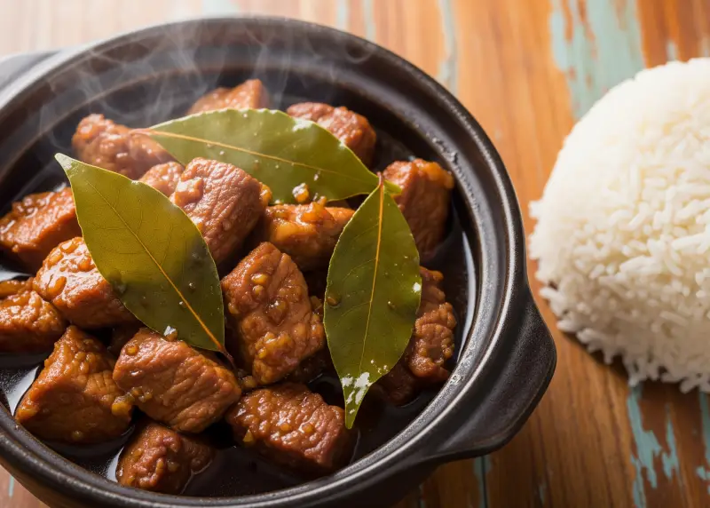 adobo filipino comfort food Pork adobo with garlic and bay leaves served in a bowl.