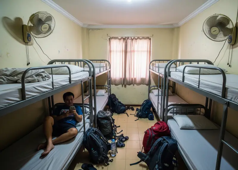 affordable hostel dorm philippines Budget hostel dorm room in Manila with bunk beds and backpackers.