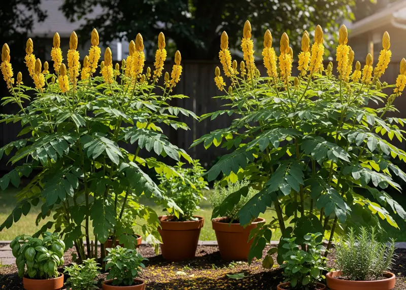 akapulko herbal medicine doh Akapulko plant with yellow flowers growing in a backyard garden.