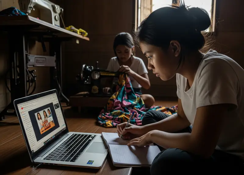 alternative education philippines Filipino youth learning online courses on a laptop while sibling sews in background.
