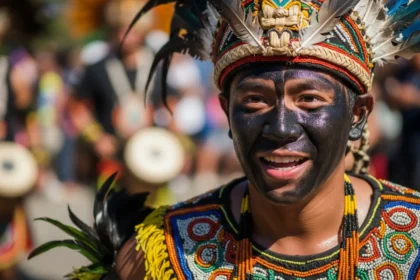 Close-up of an Ati-Atihan dancer with soot-painted face and feathered headdress mid-performance.