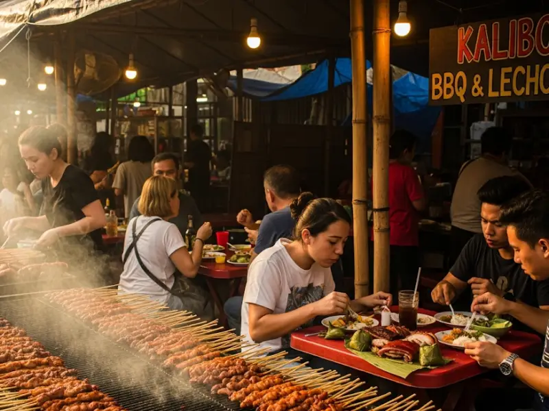 ati atihan food street eats Tourists and locals enjoying barbecue and lechon at a food stall in Kalibo.