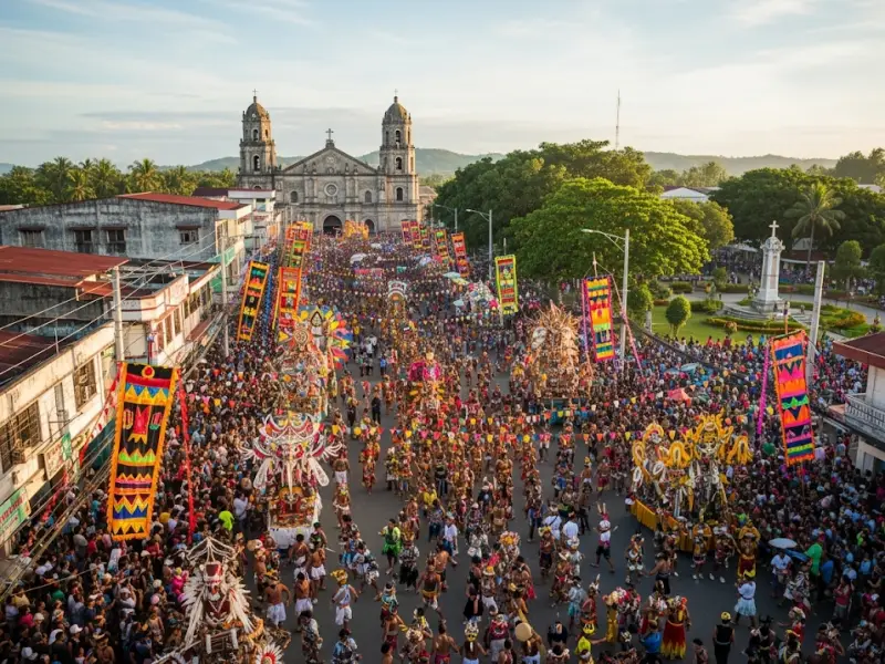 ati atihan kalibo town drone Drone view of Kalibo during Ati-Atihan Festival with crowds and parades.