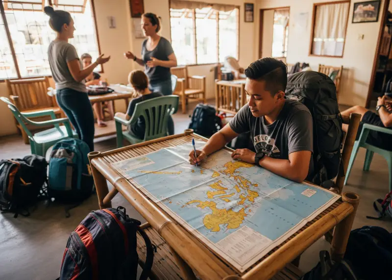 backpacker planning route philippines Backpacker marking a map of the Philippines in a simple hostel common area.