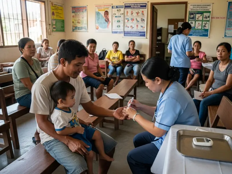 barangay health blood sugar test Filipino father having his blood sugar checked at a barangay clinic.