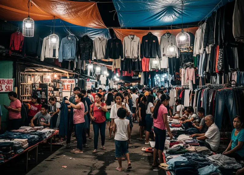 barangay ukay ukay night market Barangay ukay-ukay night sale with locals browsing under bright lights.