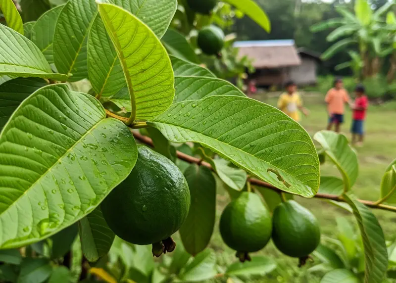 bayabas herbal medicine doh Guava tree with fruits in a Filipino rural backyard.