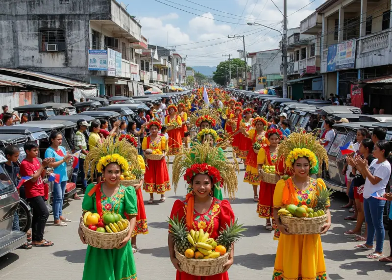 bayugan city festival street parade Street parade in Bayugan City with dancers in colorful costumes celebrating harvest.