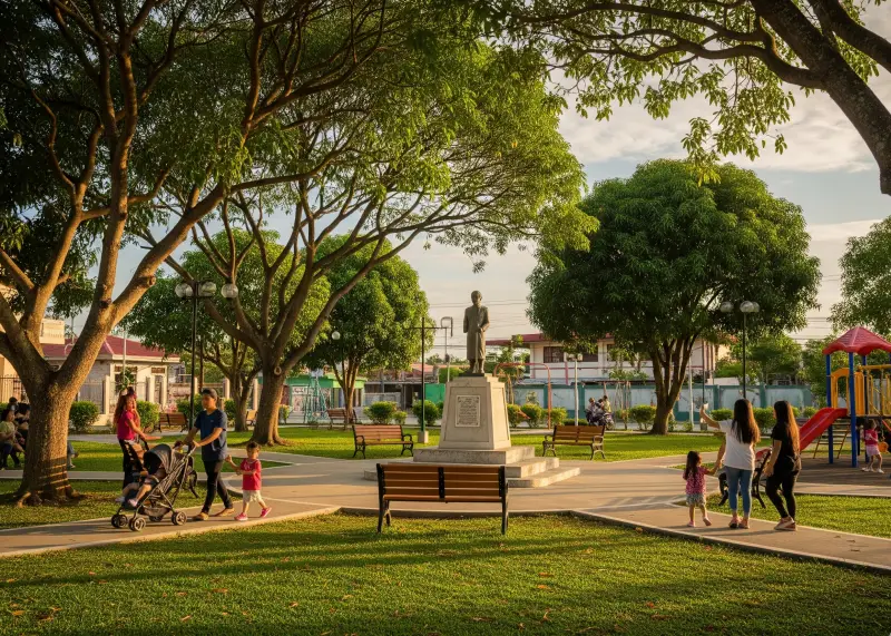bayugan city public park landmark A public park in Bayugan City with a central monument and families strolling.