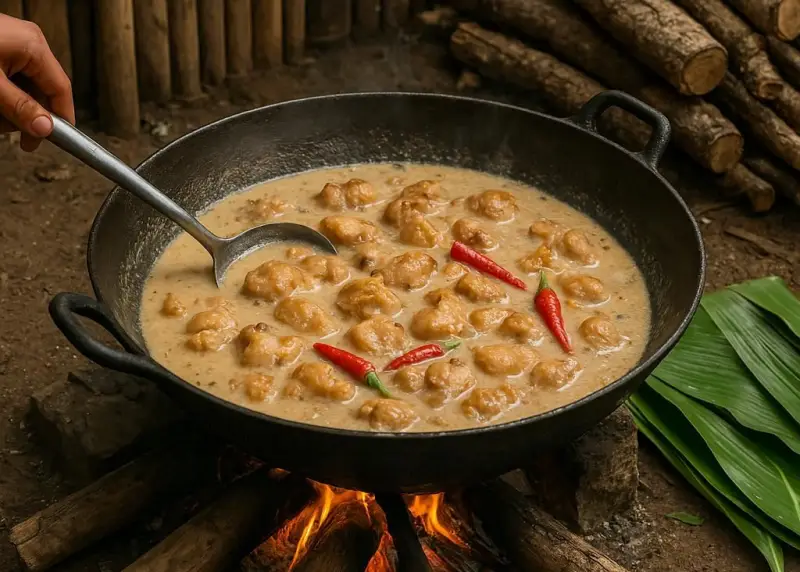 bicol adobo with coconut milk Bicol-style adobo with coconut milk being cooked in a rural Filipino outdoor kitchen.