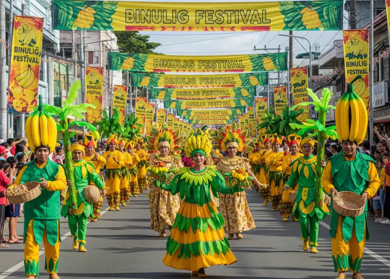 binulig festival panabo city Performers in banana-themed costumes dancing in Panabo City’s Binulig Festival.