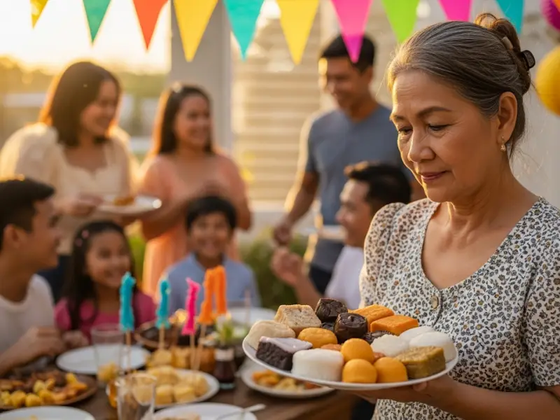 blood sugar awareness filipina grandmother Filipina grandmother holding kakanin while family enjoys fiesta food.