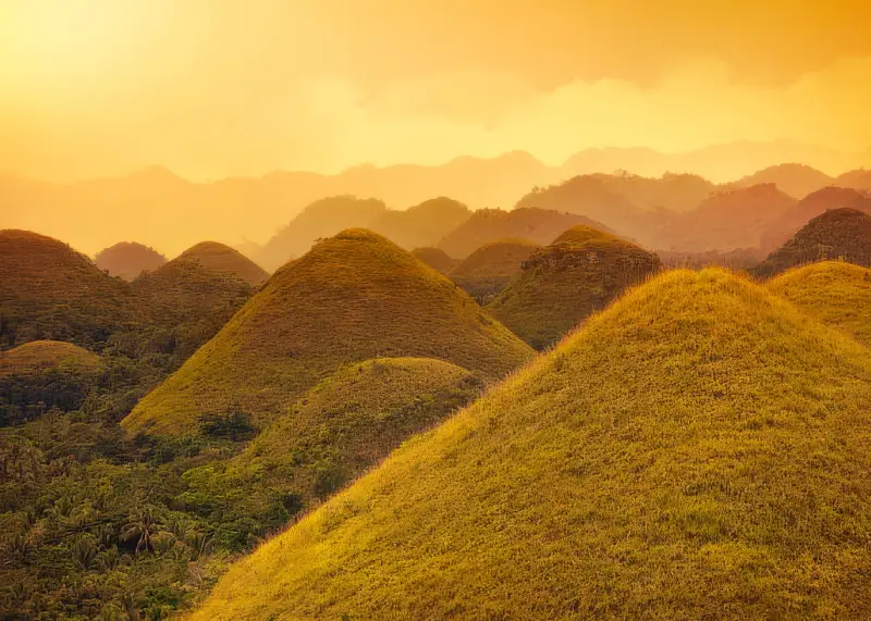 bohol chocolate hills sunrise 2025 Aerial sunrise view of Bohol’s Chocolate Hills covered in morning mist.